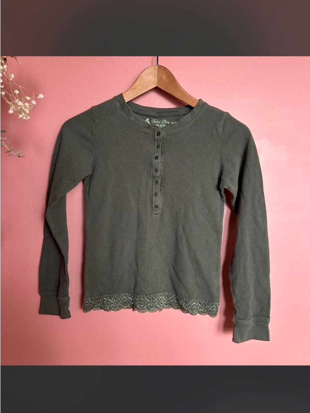 Faded Glory Olive Green Long-Sleeve Henley with Lace Trim